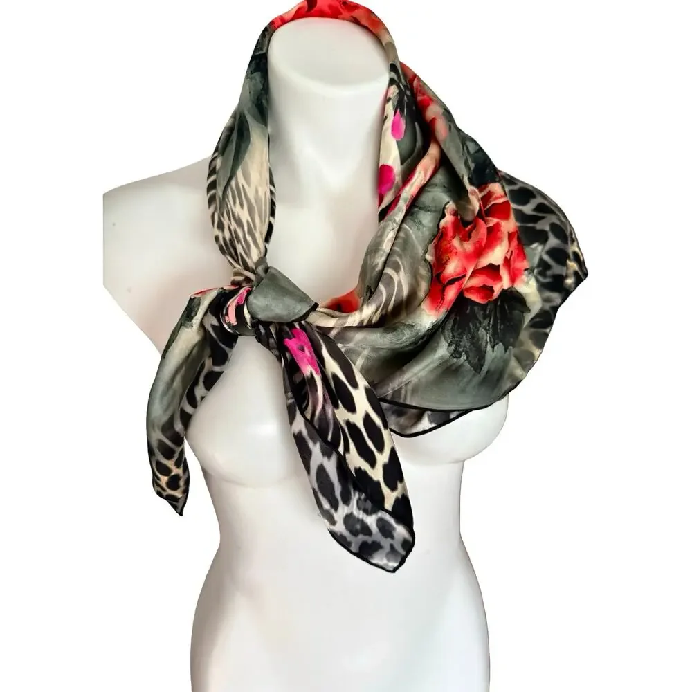 INAINI Silk Scarf Leopard Print Coral Rose Floral Square 35x35